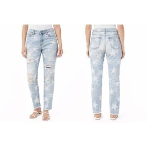 Easel Women's Distressed Light Blue Star Print Jeans w/Raw Hem -GUC